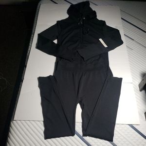 2pc hooded jumpsuit womens black size L/XL with zipper and pockets